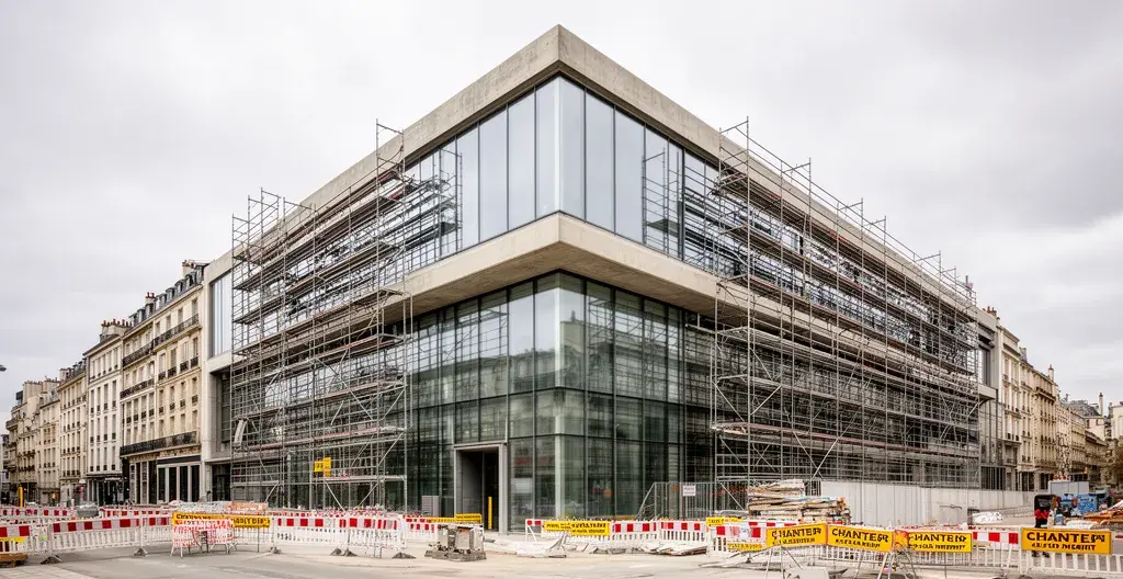 Immeuble de bureaux neuf en phase de finition avec échafaudages