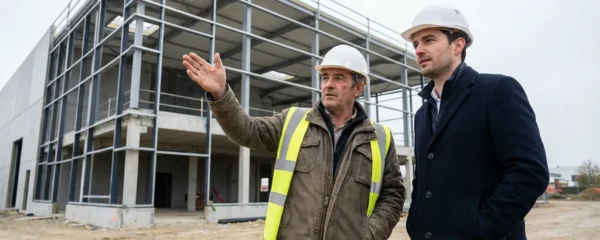 Chef de chantier contractant général discutant avec client devant bâtiment en construction