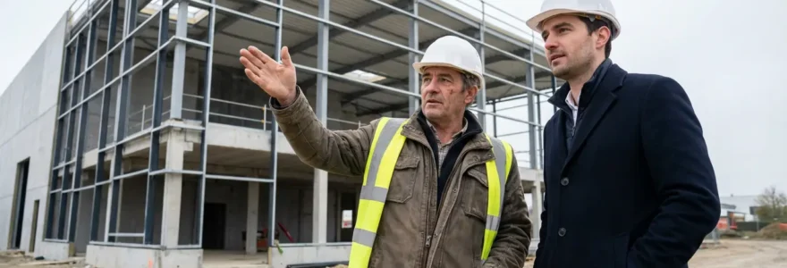 Chef de chantier contractant général discutant avec client devant bâtiment en construction