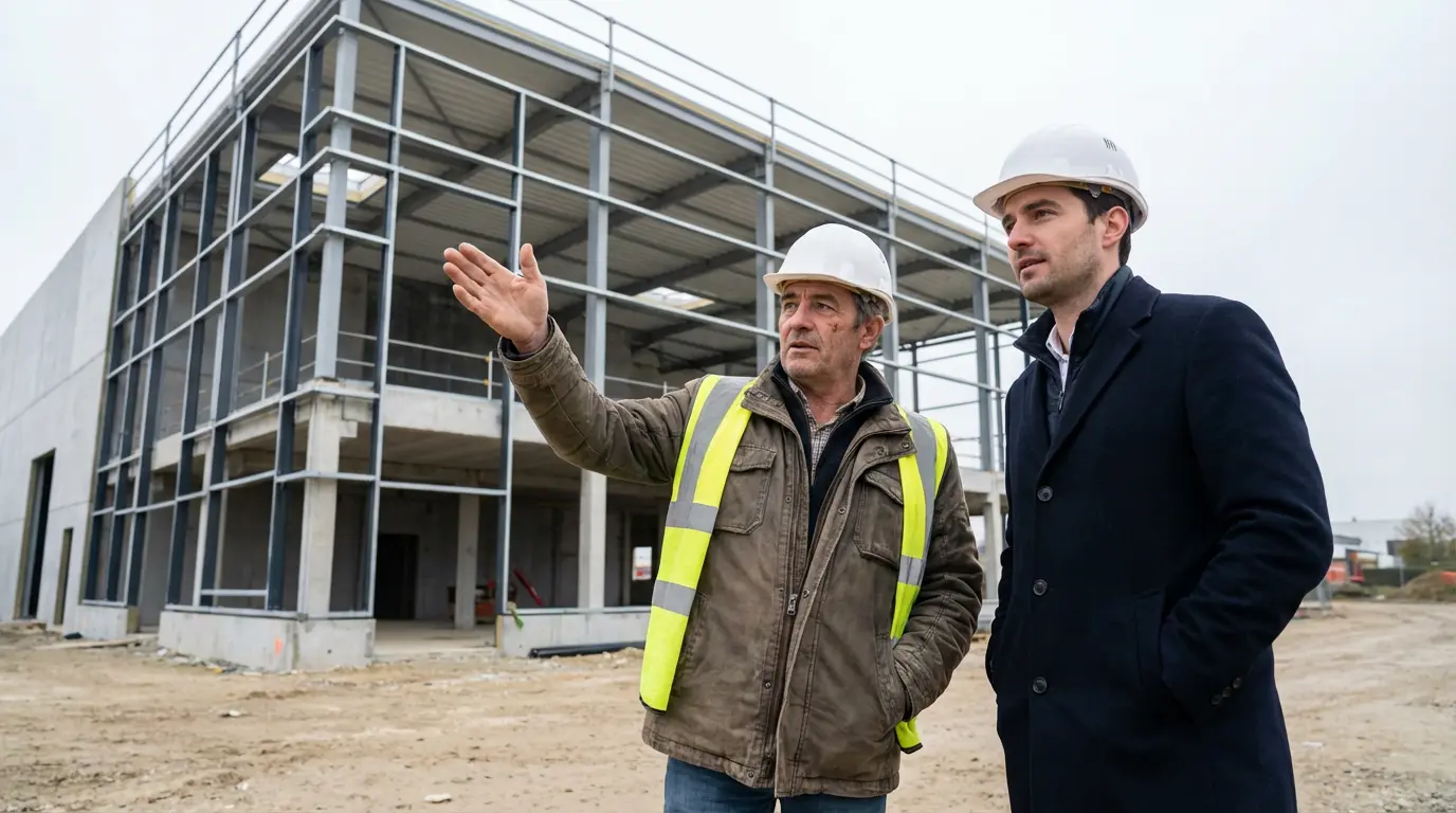 Chef de chantier contractant général discutant avec client devant bâtiment en construction