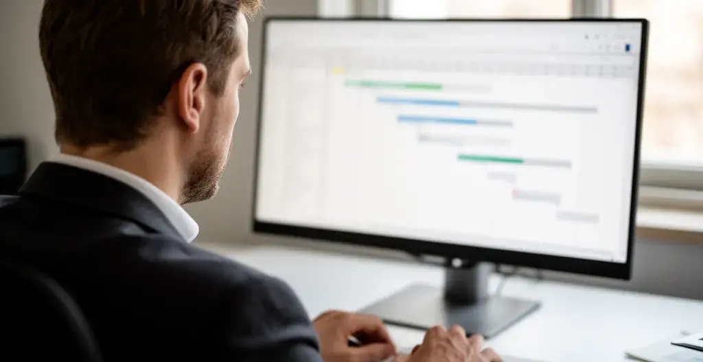 Professionnel consultant planning de chantier sur écran de gestion