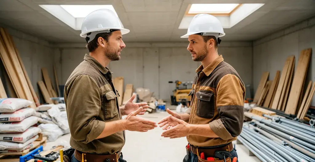 Réunion de coordination entre professionnels du bâtiment sur chantier