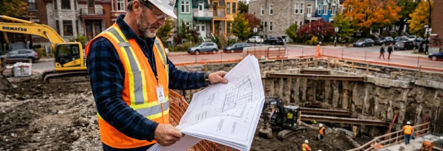 Un entrepreneur supervise l'excavation d'un terrain lors d'un projet de garage à Trois-Rivières