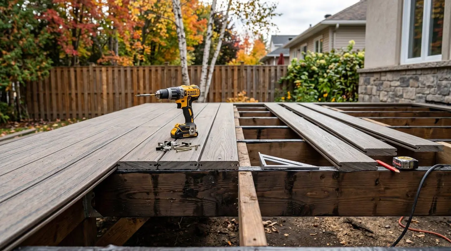 Construction d'une terrasse en bois composite sur une maison résidentielle en Mauricie, Québec