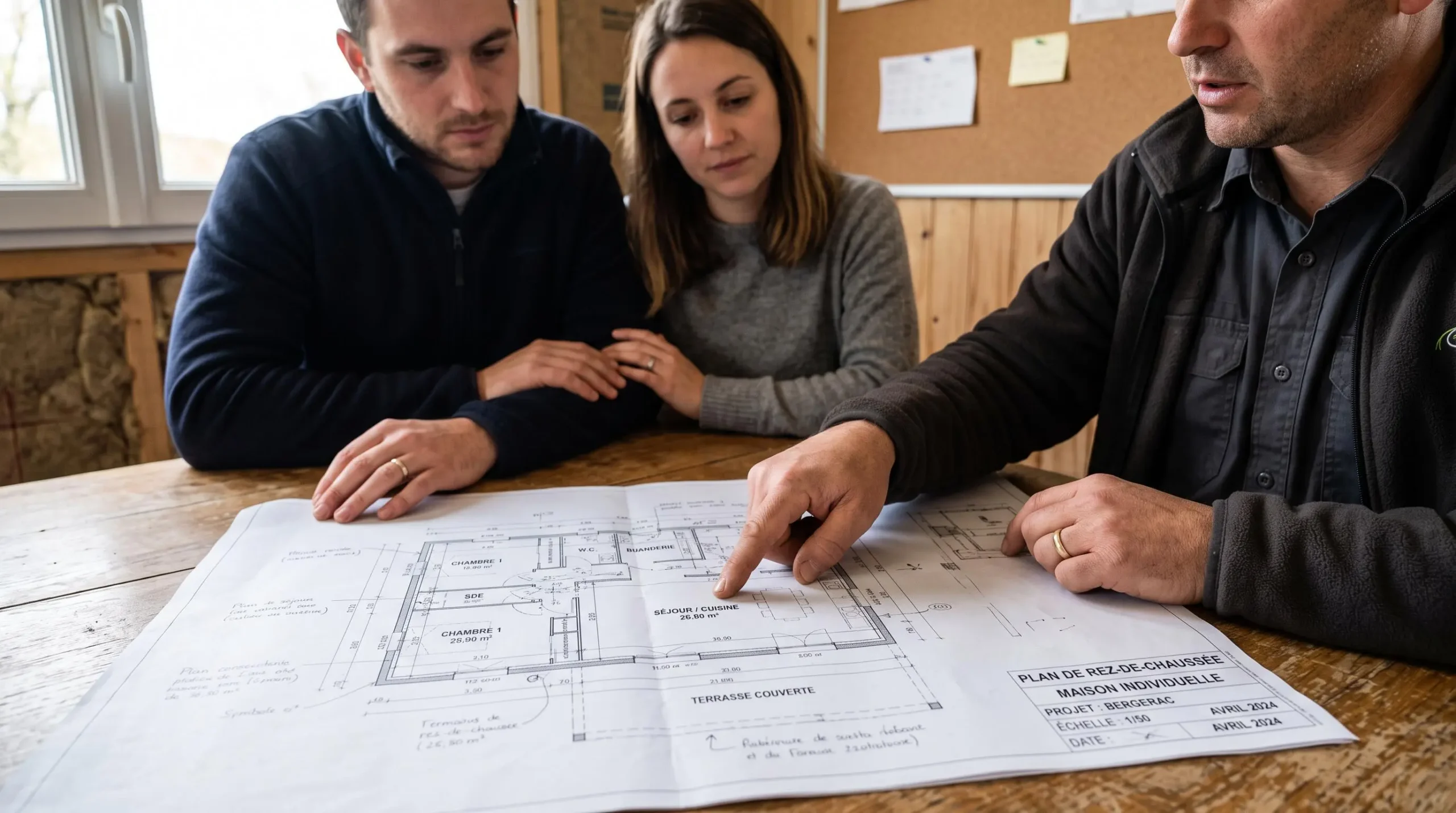 Un couple examine avec un représentant de constructeur le plan papier d'une maison individuelle posé sur une table.
