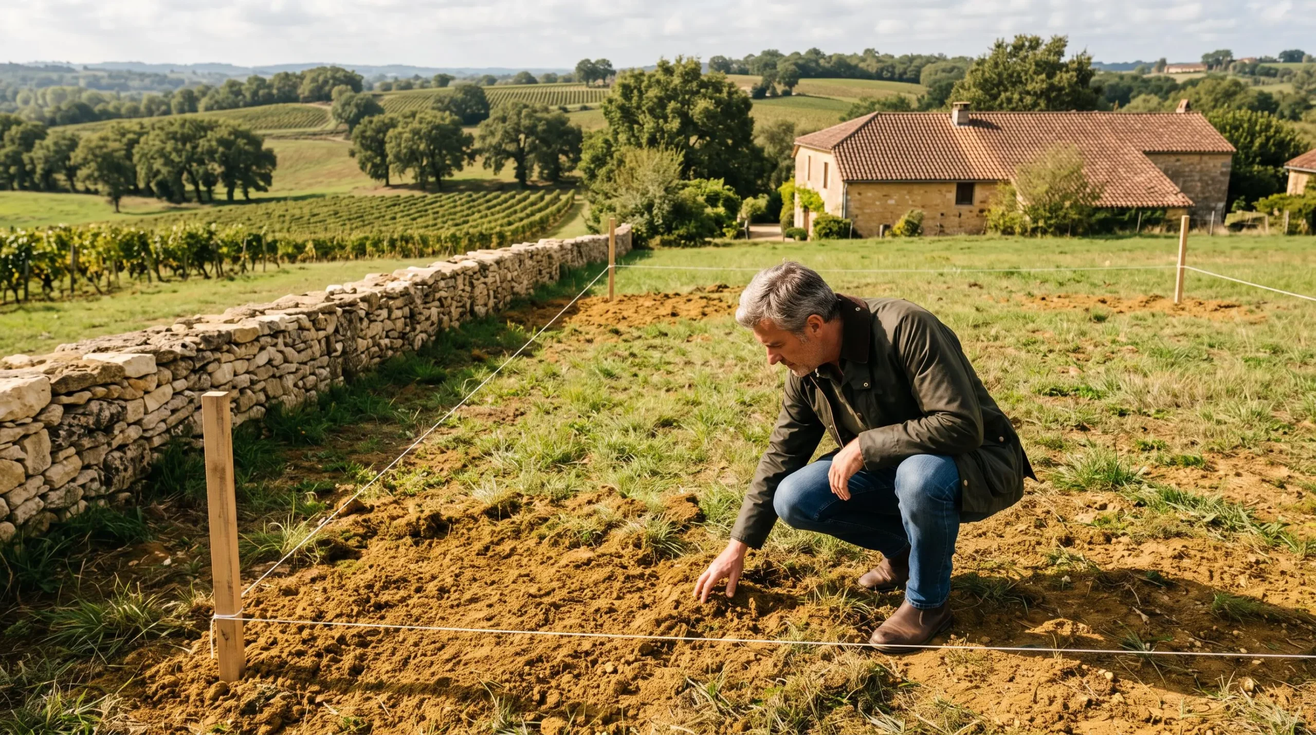Un homme accroupi examine la nature du sol d'un terrain à bâtir délimité par des piquets en Dordogne.
