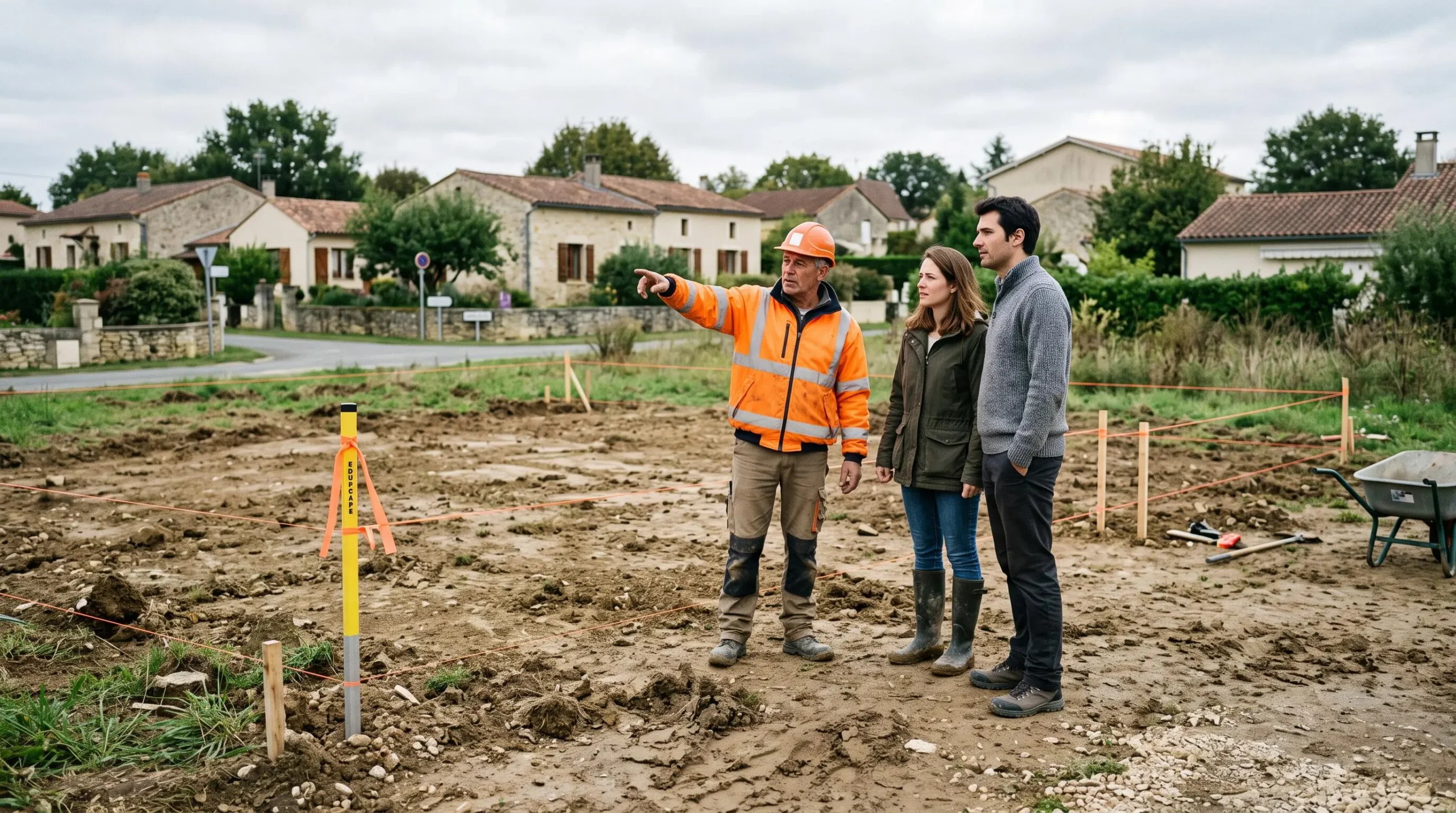 Un conducteur de travaux montre aux futurs propriétaires l'emplacement balisé de leur maison sur le terrain.