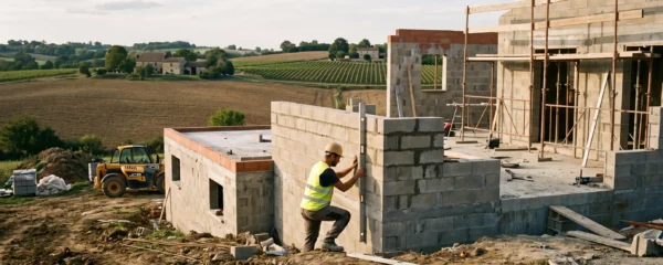 Un ouvrier vérifie l'alignement des murs d'une maison individuelle en construction dans la campagne bergeracoise.