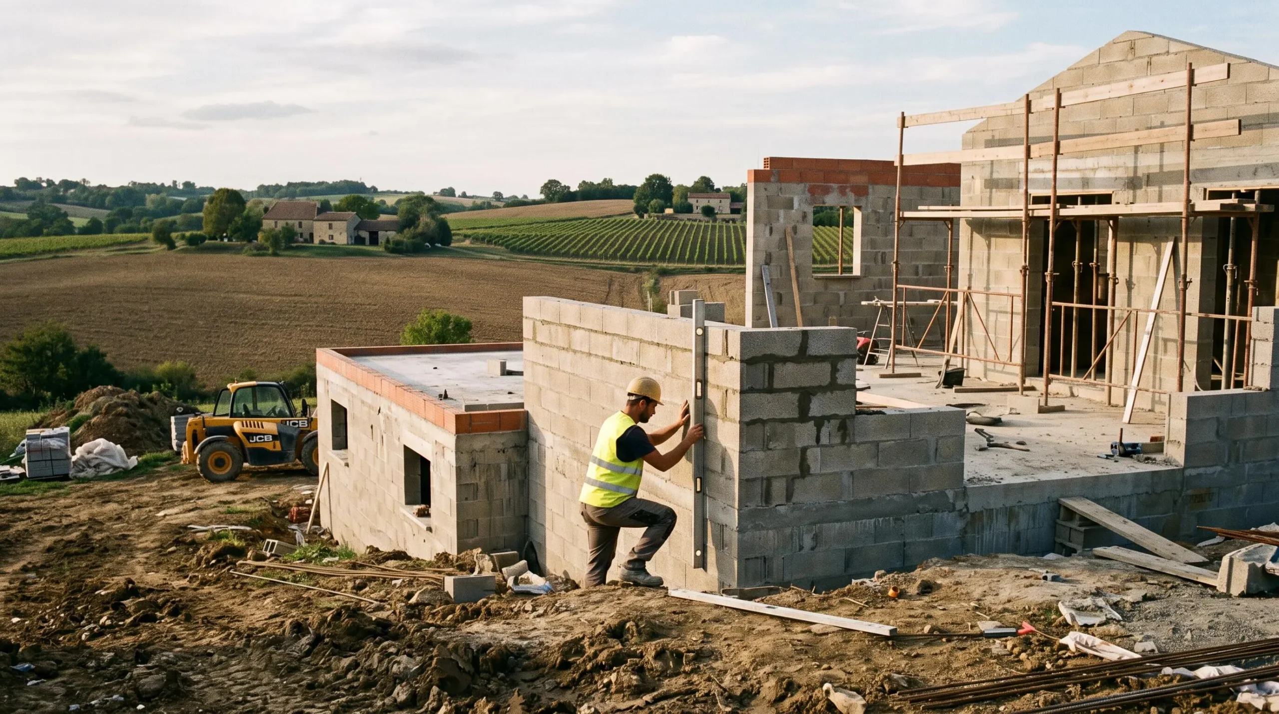 Un ouvrier vérifie l'alignement des murs d'une maison individuelle en construction dans la campagne bergeracoise.